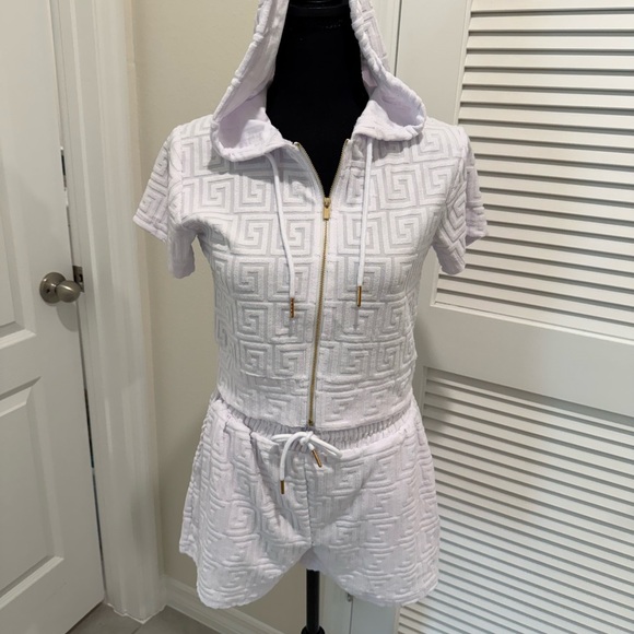Jolie & Joy by FCT With Love Pants - 2 piece White Hooded short set with Gold Accents